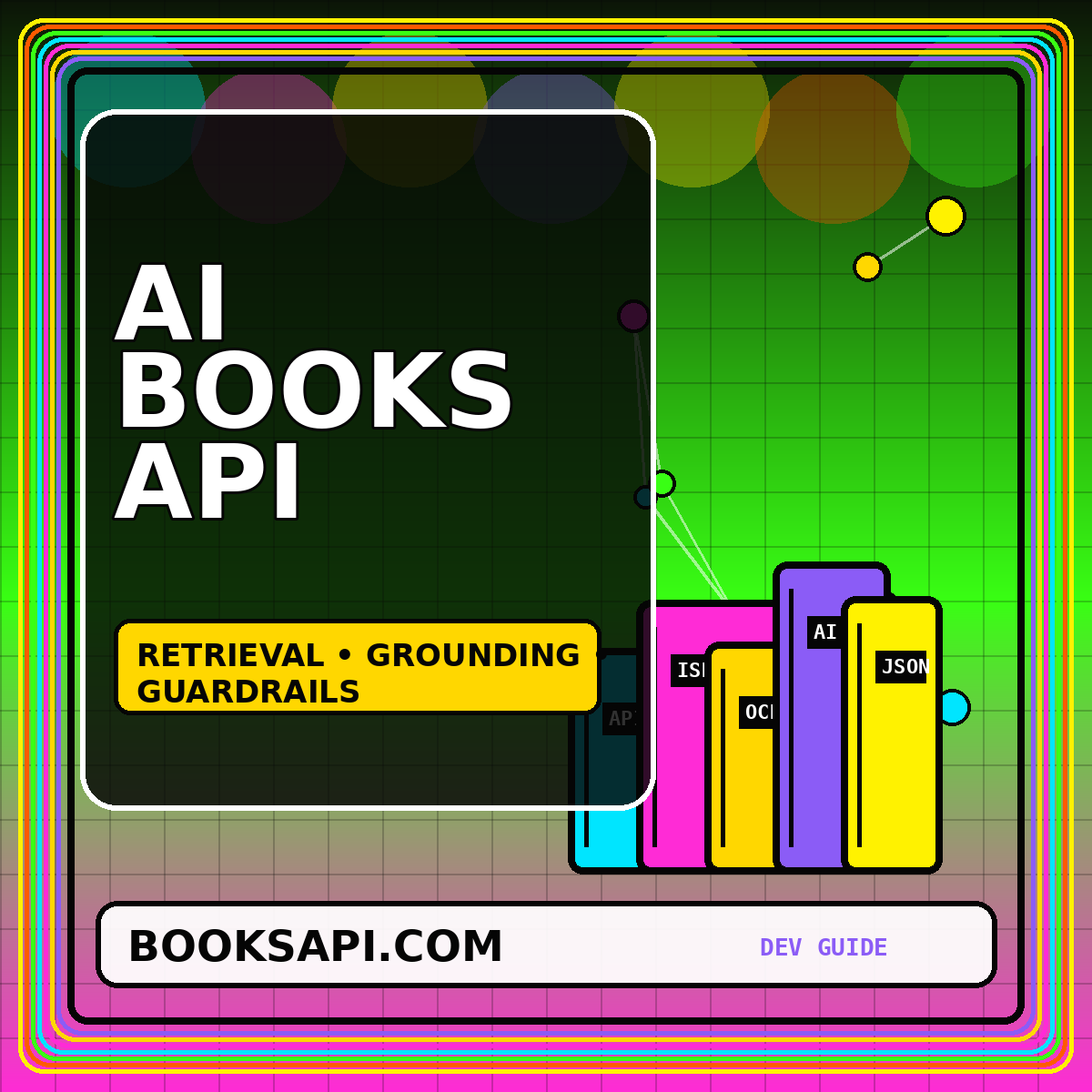 Neon AI Books API architecture card with book, model, and retrieval nodes