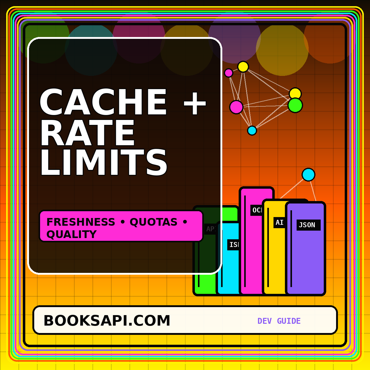 Neon books API caching and rate limits card with arrows and cache nodes