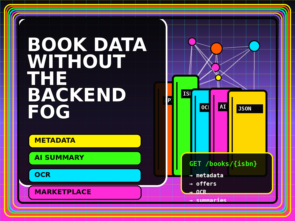 Illustrated BooksAPI.com architecture showing metadata, AI summaries, OCR, and marketplace data flows