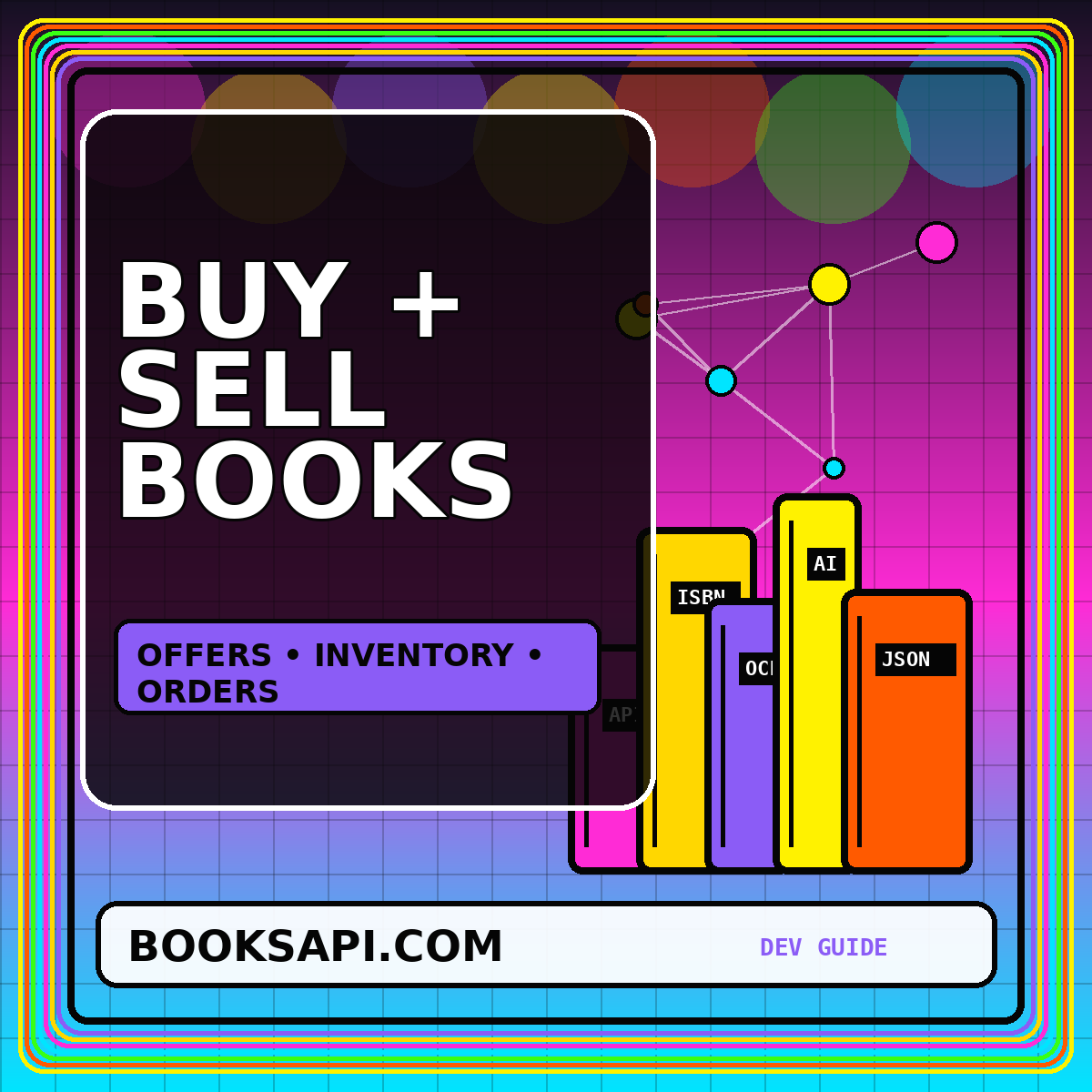 Neon buy and sell books marketplace API card with price tags and book offers