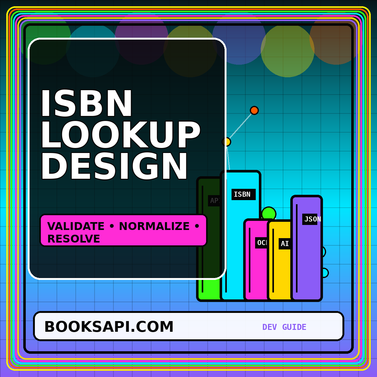 Neon ISBN lookup API design card with barcode and edition nodes