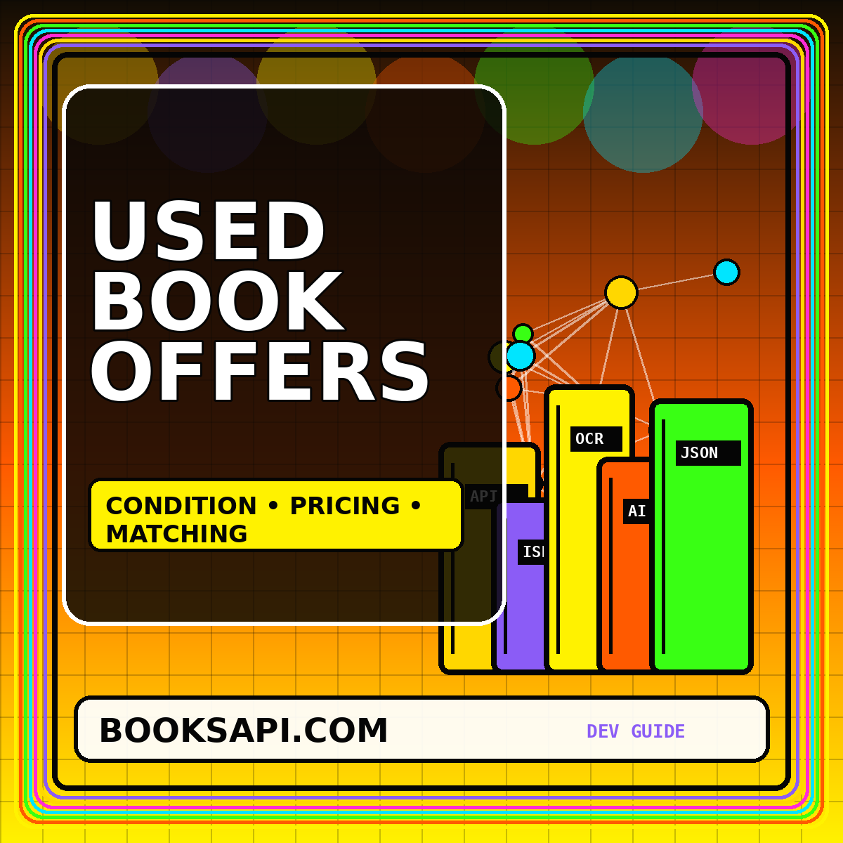 Neon used book marketplace API card with condition gauge and multiple offers