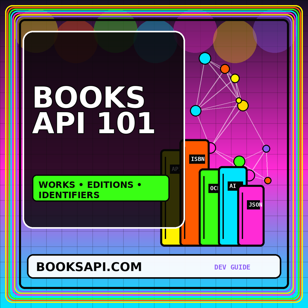 Neon Books API 101 typography card with connected book data nodes